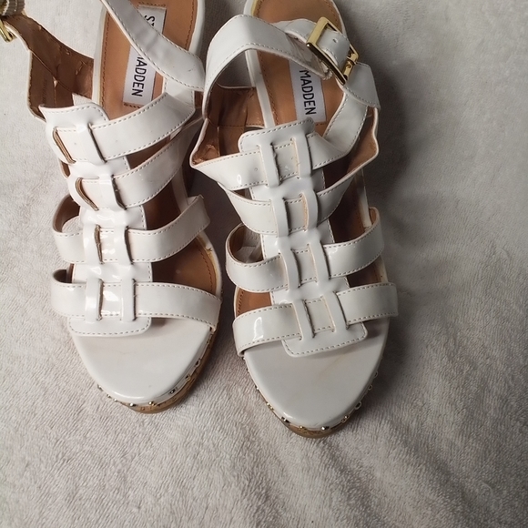 Steve Madden Shoes - STEVE MADDEN White with Gold Studded Cork Heel Wedges Size 8